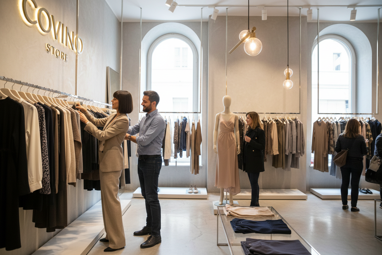 a woman and a man working in a fashion shop called : COVINO STORE ( Show the logo of the store)